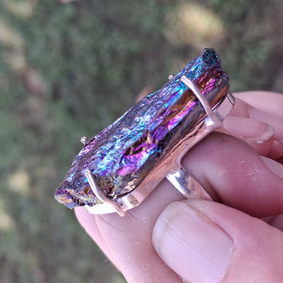 New Rough Rainbow Titanium Crystal Quartz 925 Silver Statement Ring. - Picture 7 of 15